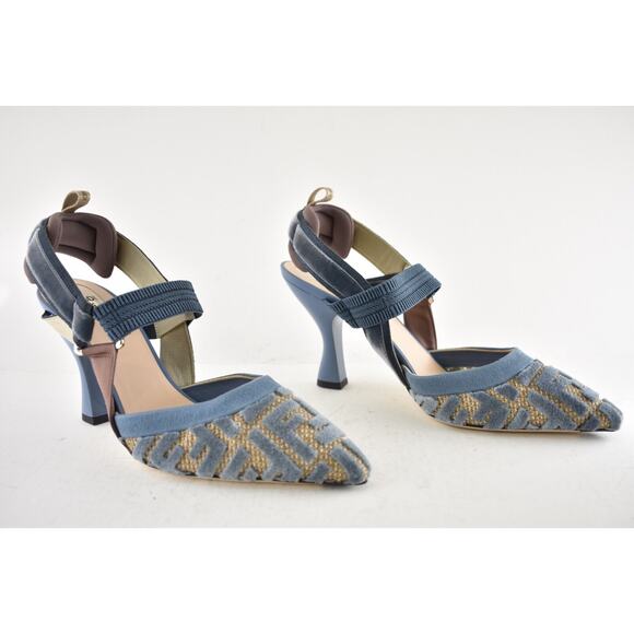 Fendi Colibri Lite 85mm Blue Velvet Beige FF Logo Pointed Slingback Heel Pump 39 - Picture 4 of 14